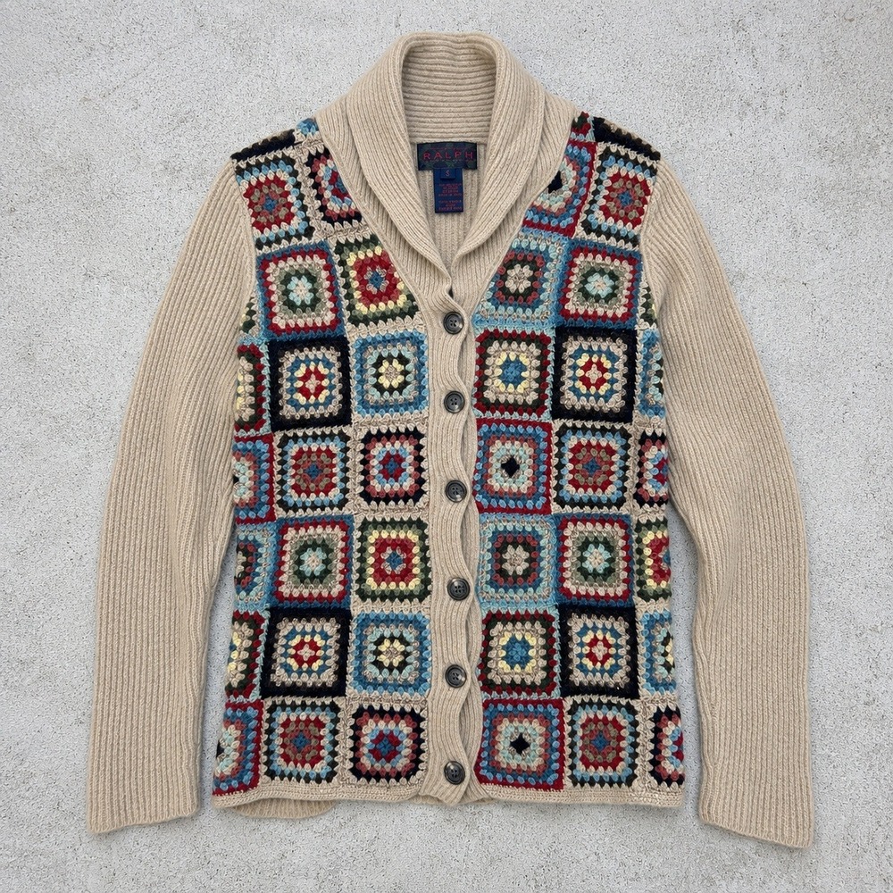 Ralph Lauren RALPH Cardigan Small Tan Granny Square Crochet Lambswool Vintage